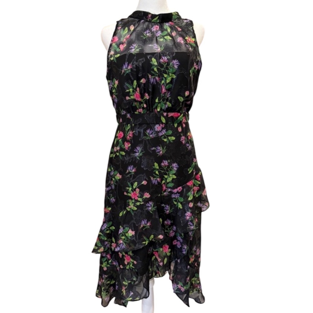Adrianna Papell Black Floral Metallic Detail Ruffle Asymmetrical Dress 2